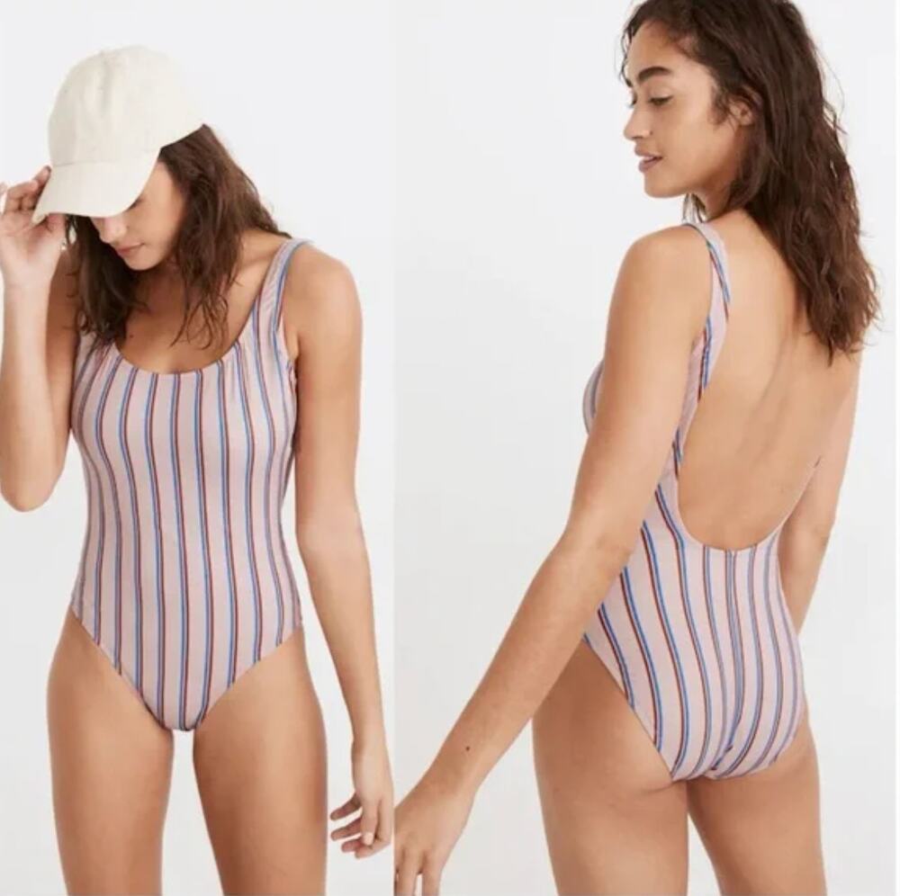 Madewell Vertical Stripe Swimsuit Second Wave Tank One Piece Pink Blue L Large